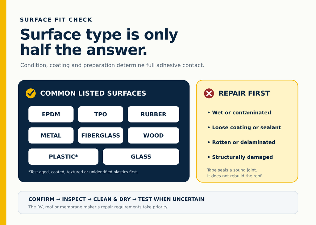MOGOFE RV roof tape surface compatibility and repair-first guide