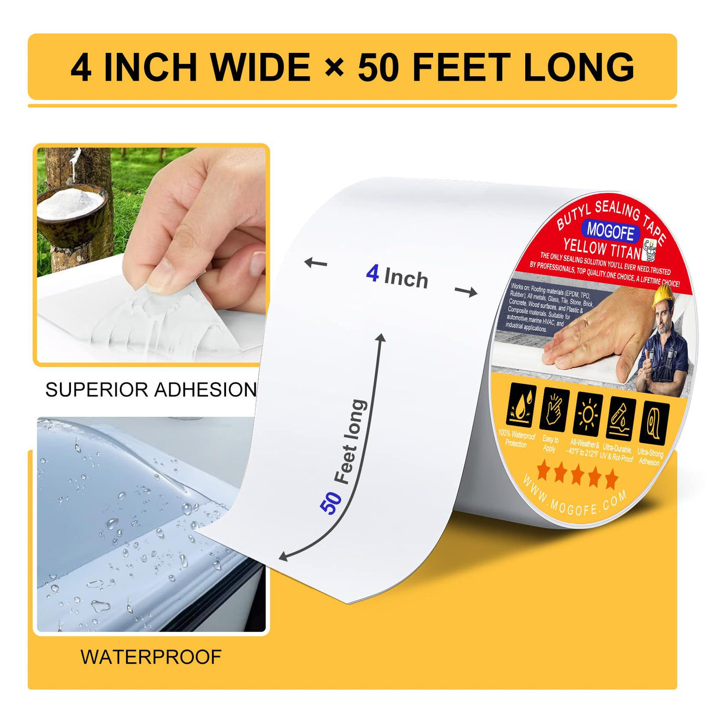 MOGOFE white 4-inch by 50-foot RV roof tape size reference