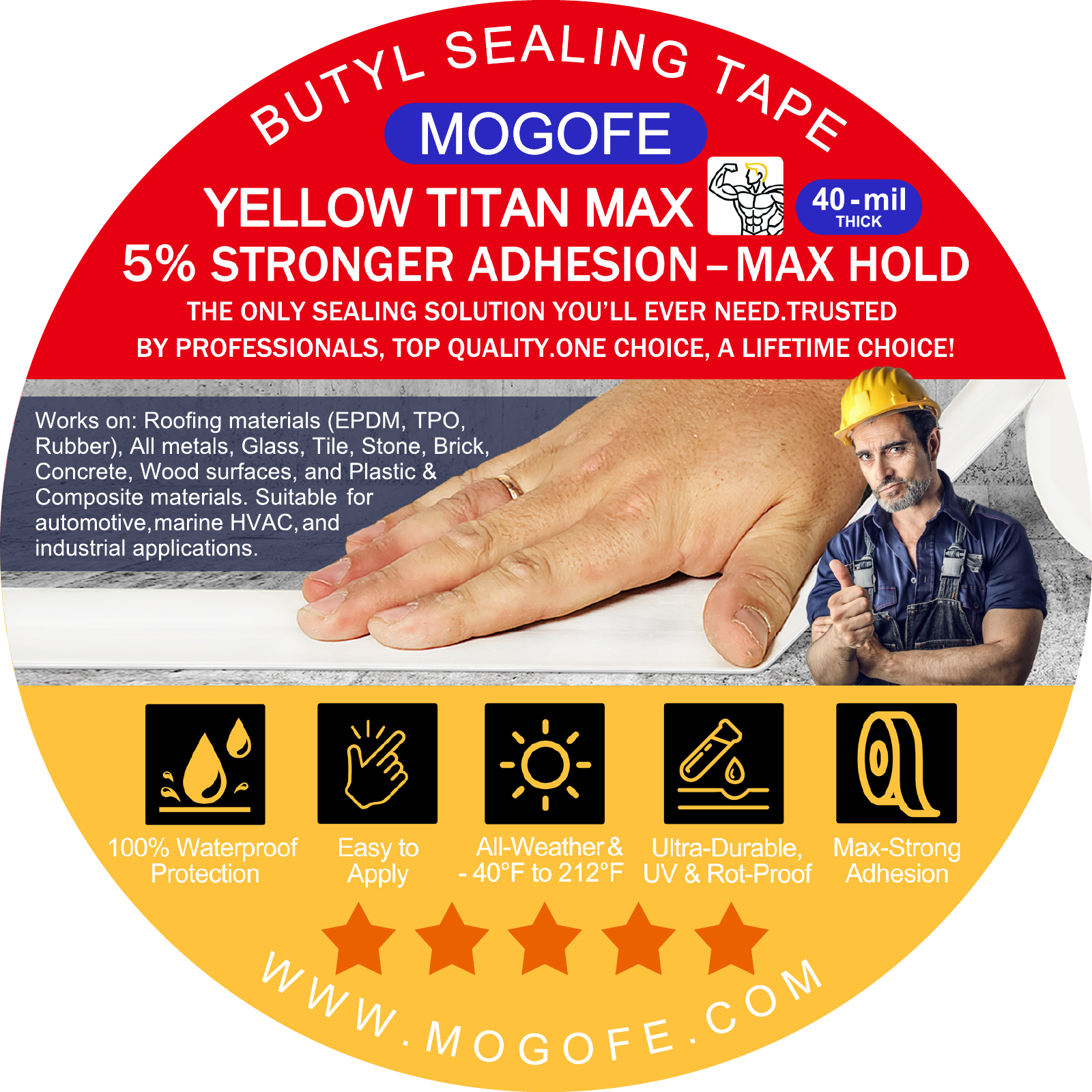 MOGOFE Yellow Titan MAX white RV roof sealant tape package label, 4 in x 50 ft, 40-mil