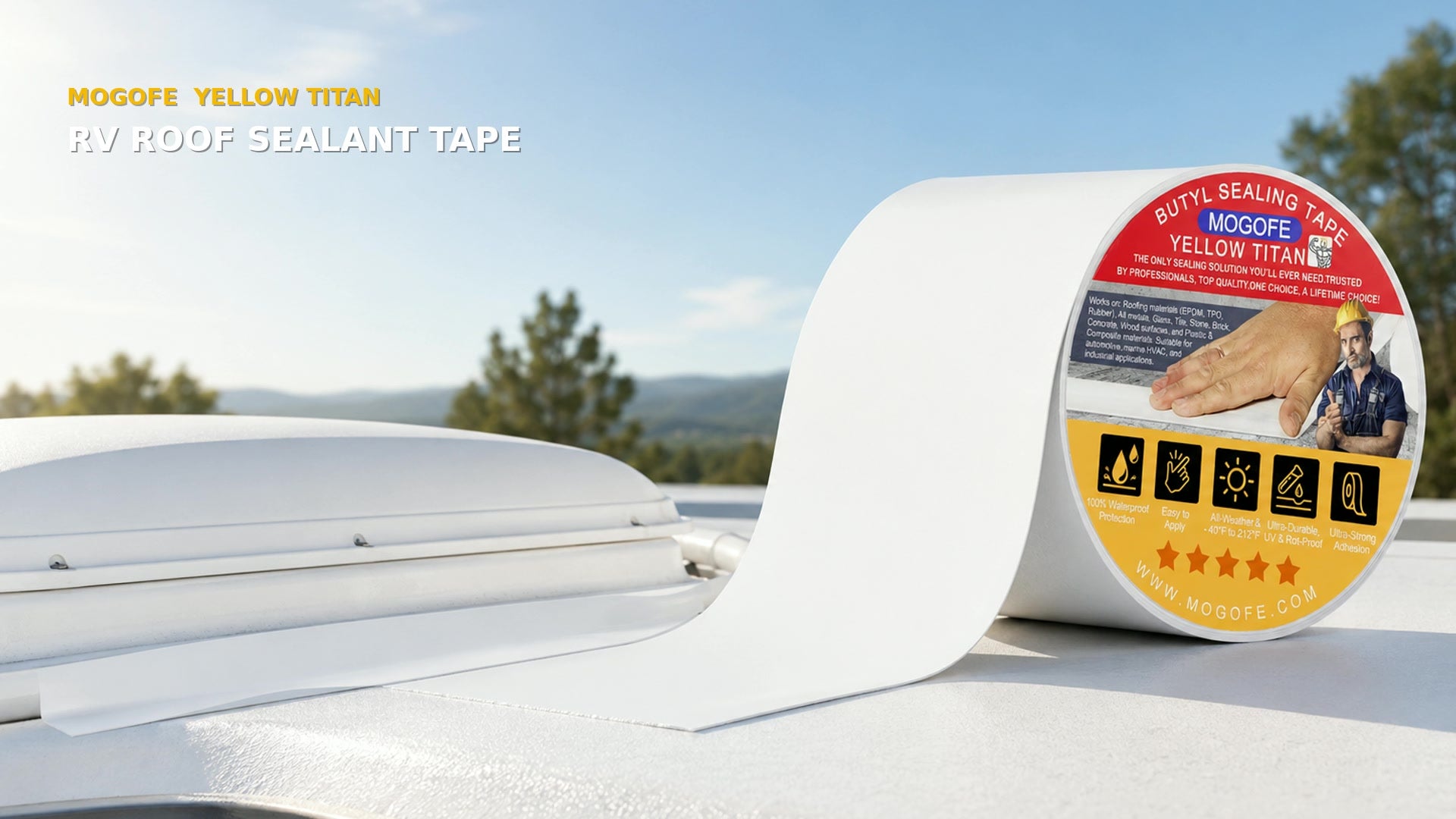 MOGOFE Yellow Titan RV roof sealant tape on an RV roof